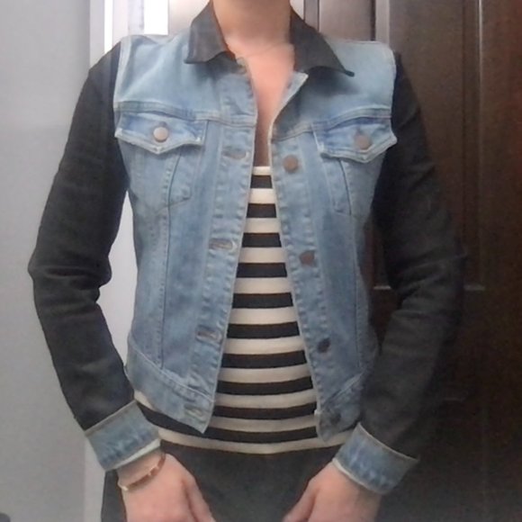 J BRAND BOWIE TWO-TONE DENIM JACKET, SIZE SMALL, BLACK/BLUE COLOR-BLOCK … - Picture 8 of 9